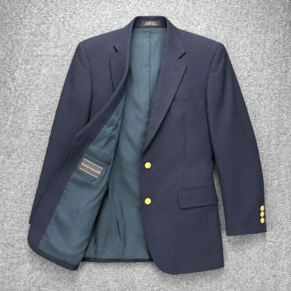 David Taylor 42S Navy Blazer Sport Coat Gold Buttons Wool Blend Classic USA